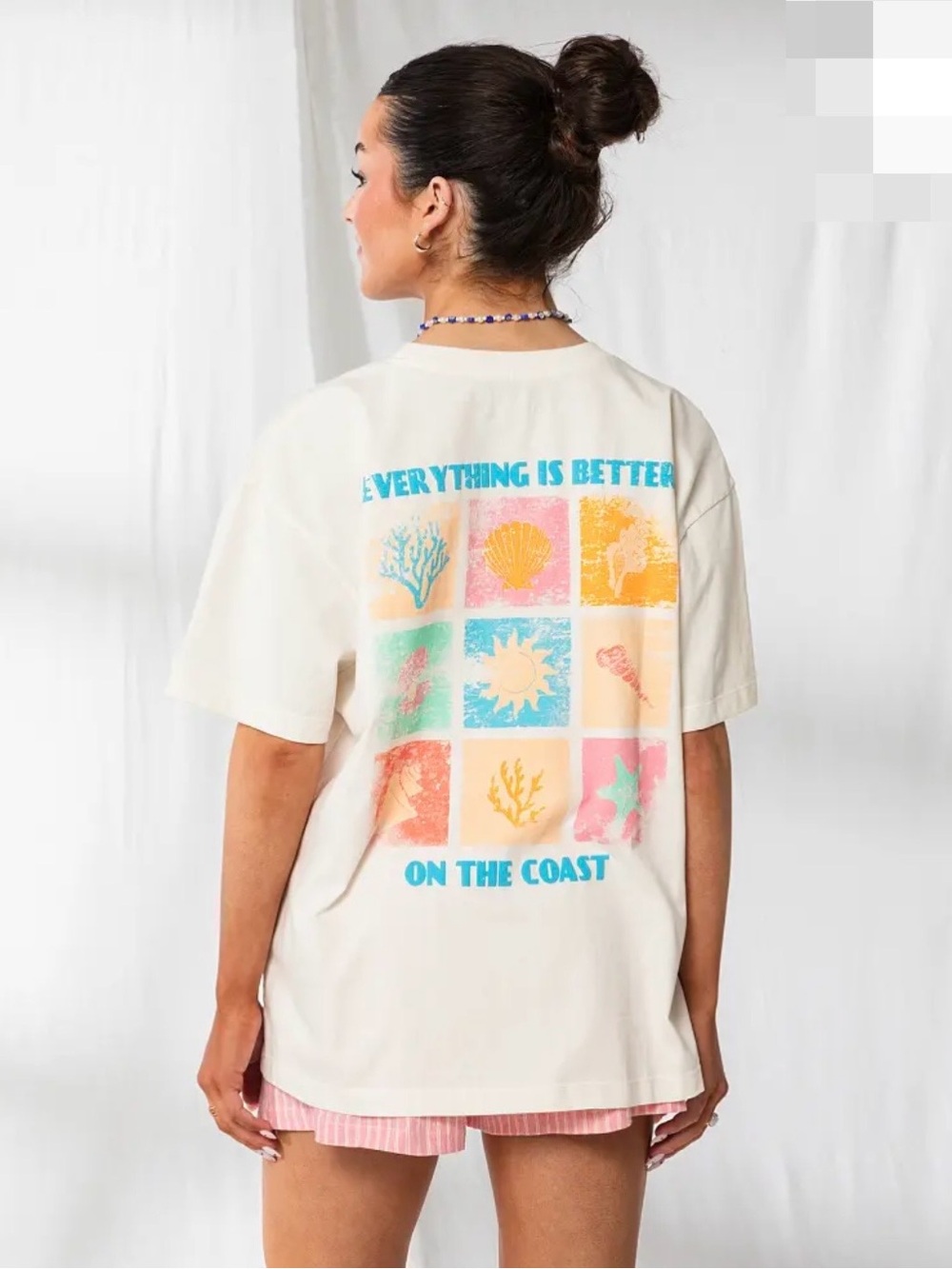 33 Coastal Ivory Colorful Better On The Coast Oversized Cotton Pocket Tee Medium - Picture 3 of 9
